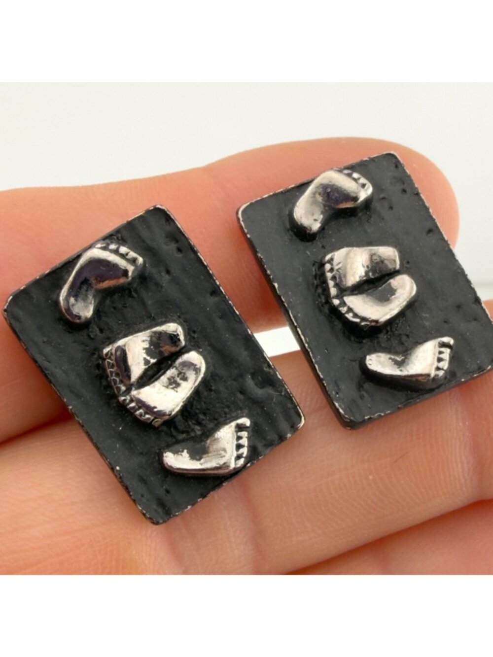 Vintage Black Silver Tone Rectangle Baby Feet Cuff Links - Picture 6 of 8